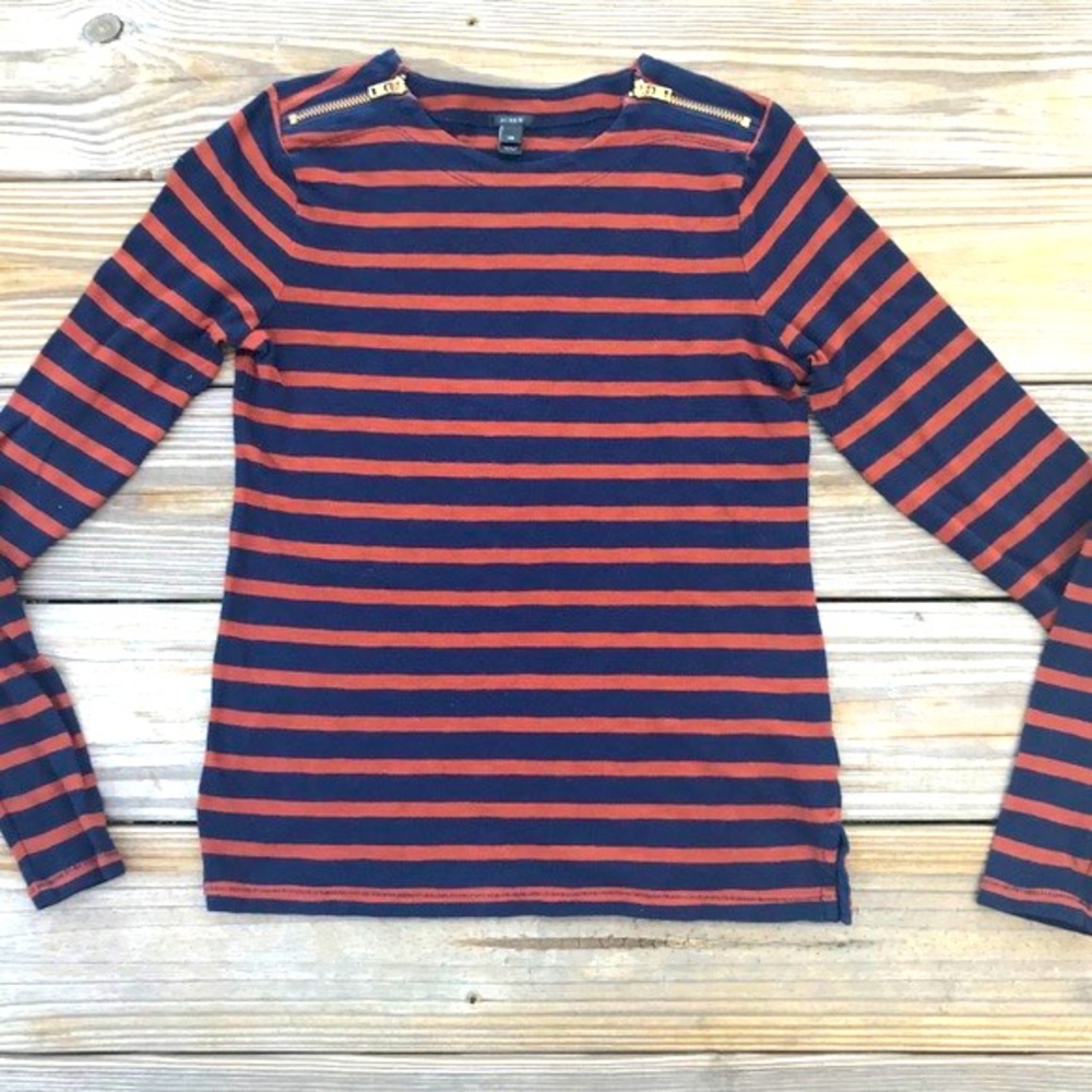 J.CREW Size M~ Stripe Zipper Details On Shoulders~ Ling Sleeve Top Shirt~